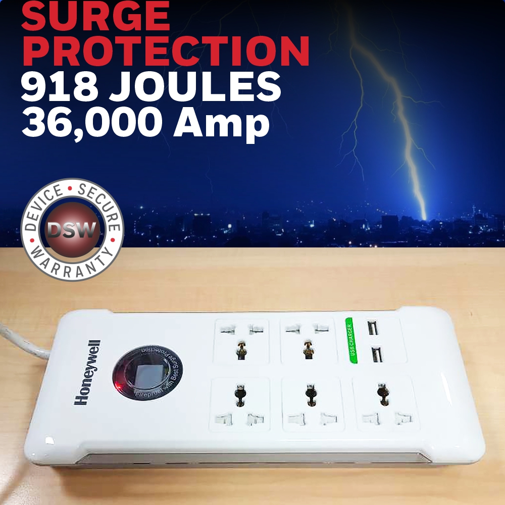 Honeywell 5 Socket Surge Protector + 2USB